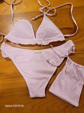 Textured Pink Triangle Bikini Set with Matching Pouch